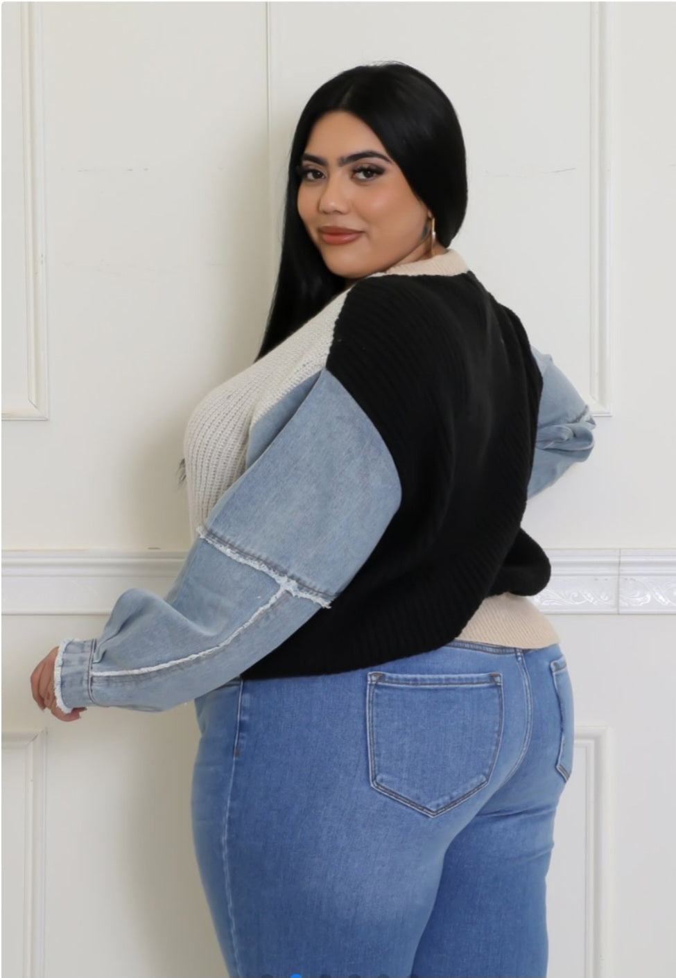 Sweater with denim sleeves PLUS