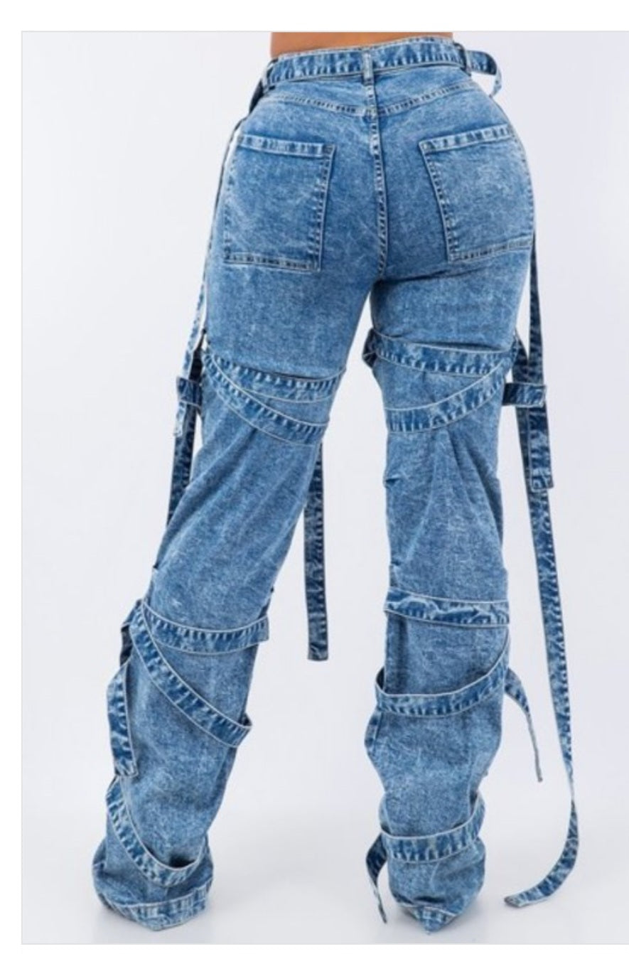 Acid Wash String Detail Jeans